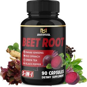 BMVINVOL Beet Root Capsules - Green Tea, Red Spinach, Ginseng, Black Pepper - 90 Count - 3 Month Supply