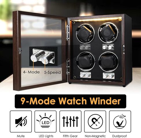 ملفاف ساعة للساعات الأوتوماتيكية، 4 صندوق لفاف ساعة أوتوماتيكي مع إضاءة خلفية زرقاء ووسادة إسفنجية، 4 أوضاع دوران، صندوق دوار للساعة، ساعة هزازة للرجال in Kuwait