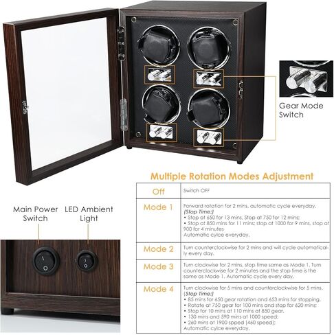 ملفاف ساعة للساعات الأوتوماتيكية، 4 صندوق لفاف ساعة أوتوماتيكي مع إضاءة خلفية زرقاء ووسادة إسفنجية، 4 أوضاع دوران، صندوق دوار للساعة، ساعة هزازة للرجال in Kuwait