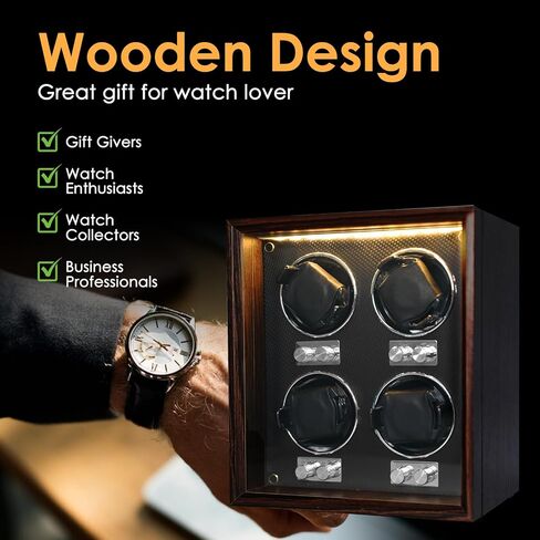 ملفاف ساعة للساعات الأوتوماتيكية، 4 صندوق لفاف ساعة أوتوماتيكي مع إضاءة خلفية زرقاء ووسادة إسفنجية، 4 أوضاع دوران، صندوق دوار للساعة، ساعة هزازة للرجال in Kuwait