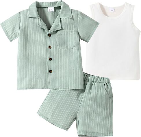 Kid Toddler Boy Clothes Short Sleeve Button-Down Shirt+Shorts+White Vest Summer Clothing Set 2-12 Years in Saudi Arabia
