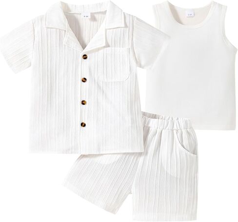 Kid Toddler Boy Clothes Short Sleeve Button-Down Shirt+Shorts+White Vest Summer Clothing Set 2-12 Years in Saudi Arabia