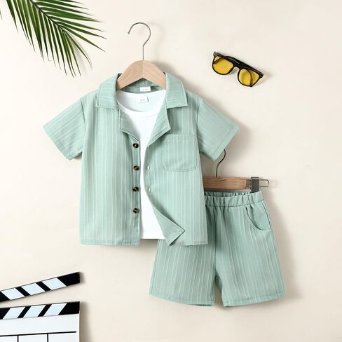 Kid Toddler Boy Clothes Short Sleeve Button-Down Shirt+Shorts+White Vest Summer Clothing Set 2-12 Years in Saudi Arabia