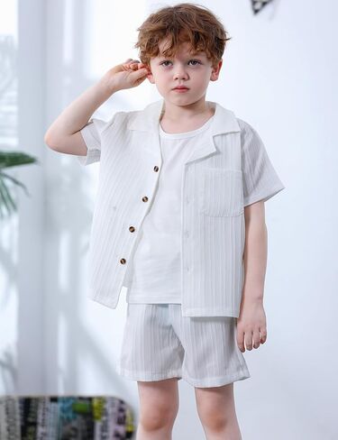 Kid Toddler Boy Clothes Short Sleeve Button-Down Shirt+Shorts+White Vest Summer Clothing Set 2-12 Years in Saudi Arabia