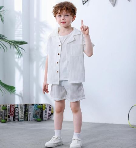 Kid Toddler Boy Clothes Short Sleeve Button-Down Shirt+Shorts+White Vest Summer Clothing Set 2-12 Years in Saudi Arabia