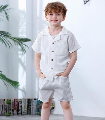 Kid Toddler Boy Clothes Short Sleeve Button-Down Shirt+Shorts+White Vest Summer Clothing Set 2-12 Years in Saudi Arabia