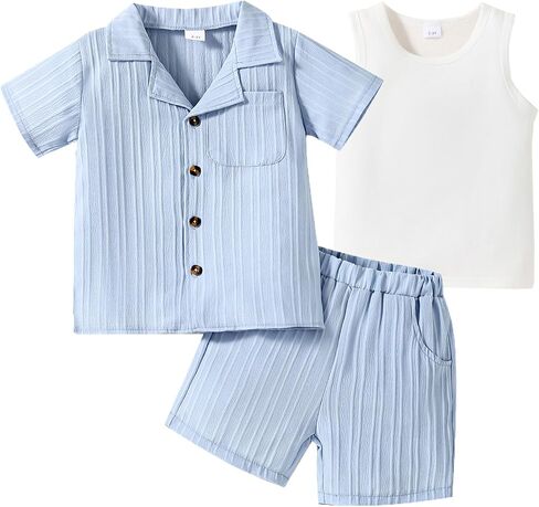 Kid Toddler Boy Clothes Short Sleeve Button-Down Shirt+Shorts+White Vest Summer Clothing Set 2-12 Years in Saudi Arabia