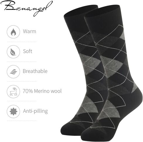 جوارب صوف ميرينو من BONANGEL للرجال، جوارب صوف رقيقة للرجال، جوارب شتوية من الصوف الحراري، جوارب سوداء للطاقم in Kuwait