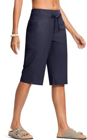 سروال كابريس للسباحة للسيدات بطول 15 بوصة بطول الركبة وخصر عالٍ شورت طويل سريع الجفاف بعامل حماية من الأشعة فوق البنفسجية 50+ ملابس سباحة متواضعة مع بطانة in Kuwait
