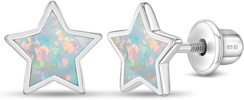 925 Sterling Silver Simulated Opal Star Screw Back Earrings for Little Girls, Pre-Teens and Teens 8mm - Celestial Star Earrings for Girls - Glittering Earrings for Young Girls in Kuwait
