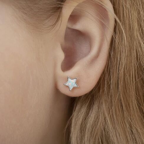 925 Sterling Silver Simulated Opal Star Screw Back Earrings for Little Girls, Pre-Teens and Teens 8mm - Celestial Star Earrings for Girls - Glittering Earrings for Young Girls in Kuwait