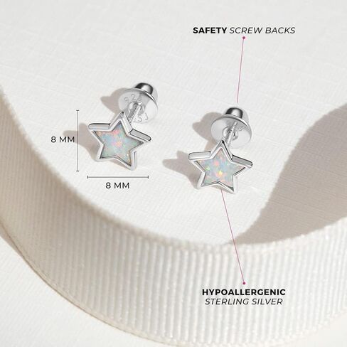 925 Sterling Silver Simulated Opal Star Screw Back Earrings for Little Girls, Pre-Teens and Teens 8mm - Celestial Star Earrings for Girls - Glittering Earrings for Young Girls in Kuwait