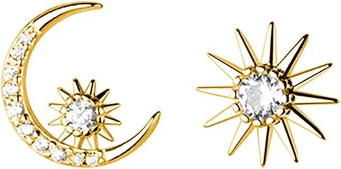 Reffeer Solid 925 Sterling Silver CZ Moon Star Earrings Stud for Women Teens Moon Sun Studs Earrings Asymmetric in Kuwait