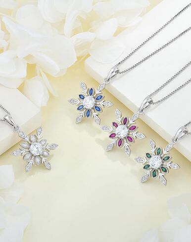 YL Snowflake Christmas Winter Necklace for Women, Solid Sterling Silver 18K White Gold Plated Birthstone Halo Pendant Box Chain Jewelry in Saudi Arabia
