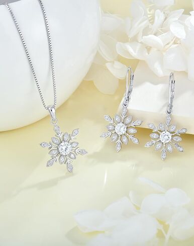 YL Snowflake Christmas Winter Necklace for Women, Solid Sterling Silver 18K White Gold Plated Birthstone Halo Pendant Box Chain Jewelry in Saudi Arabia