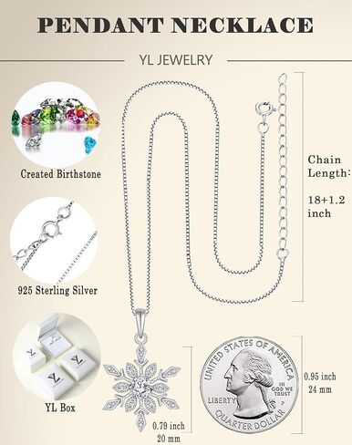 YL Snowflake Christmas Winter Necklace for Women, Solid Sterling Silver 18K White Gold Plated Birthstone Halo Pendant Box Chain Jewelry in Saudi Arabia