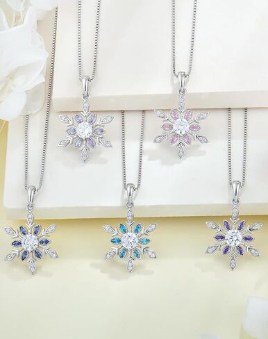 YL Snowflake Christmas Winter Necklace for Women, Solid Sterling Silver 18K White Gold Plated Birthstone Halo Pendant Box Chain Jewelry in Saudi Arabia