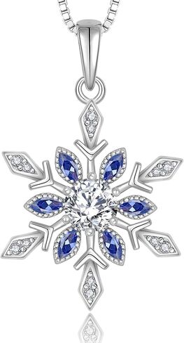 YL Snowflake Christmas Winter Necklace for Women, Solid Sterling Silver 18K White Gold Plated Birthstone Halo Pendant Box Chain Jewelry in Kuwait