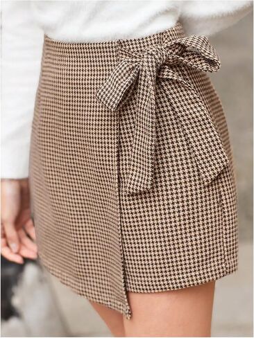 شورت نسائي من Floerns بطبعة Houndstooth وربطة أمامية، بحاشية غير متماثلة، تنورة عالية الخصر in Saudi Arabia