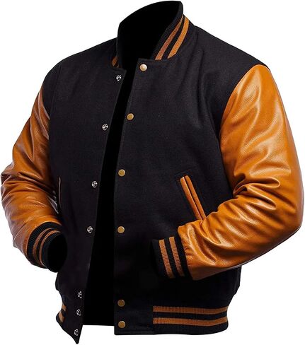 Mens Black And Gold Varsity Jacket-Men's Football Varsity Baseball College Letterman Bomber High School Wool + Pu Leather Jacket (2XL) in Saudi Arabia
