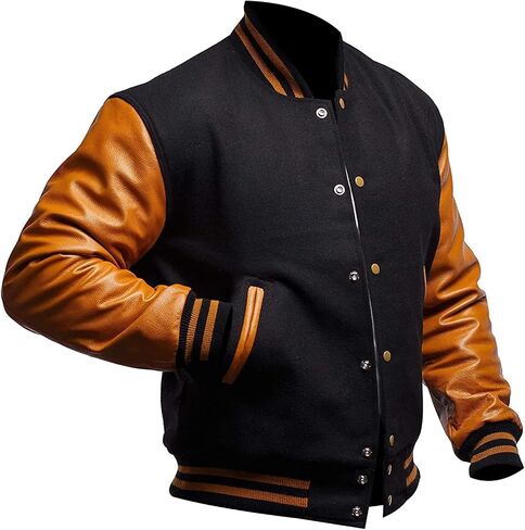 Mens Black And Gold Varsity Jacket-Men's Football Varsity Baseball College Letterman Bomber High School Wool + Pu Leather Jacket (2XL) in Saudi Arabia