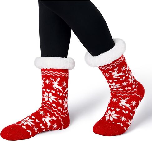 Giggling Getup Womens Christmas Slipper Socks, Fuzzy Non Slip Warm Soft Crew Socks for Home, Christmas Party Gifts in Saudi Arabia