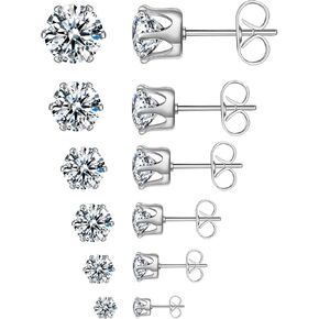 6 Pairs Stud Earrings Set,Clear Cubic Zirconia 316L Stainless Steel Earrings for Women Men 3-8mm