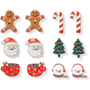 6 Pairs Christmas Stud Earrings Set for Women Hypoallergenic Xmas Holiday Christmas Tree Snowman Santa Candy Cane Gnome Stud Festive Jewelry Gifts