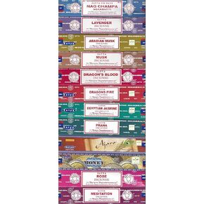 Set of 12 Nag Champa, Lavender, Arabian Musk, Egytian Jasmine, Musk, Dragon's Fire, Dragon's Blood, Prana, Ajaro, Money, Rose, Meditation by Satya Incense Bangalore (BNG)