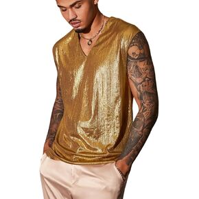 OYOANGLE Men's Metallic V Neck Tank Top Disco Shiny Party Night Out Sleeveless Shirts Clubwear