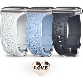 4 Pack Floral Engraved Bands with Charms Compatible with Apple Watch Band 40mm 41mm 38mm, Soft Women Sport Silicone Strap Replacement Wristbands for iWatch Bands Series 9 SE 8 7 6 5 4 3 2 1