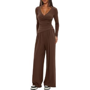 Darong Women's 2 Piece Lounge Outfits Sets Warp V Neck Long Sleeve Shirts and Wide Leg Pants Tracksuits Casual Matching Sets