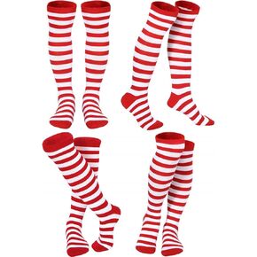 SATINIOR 4 Pair Red and White Striped Knee High Socks Tube Long Clown Socks Thigh High Stockings for Women Christmas
