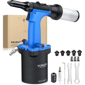Self-loading Pneumatic Rivet Gun Set 3/32", 1/8", 5/32", 3/16", 1/4" Self-Suction Air Rivet Gun NPT 1/8", Pulling pressure 3086 lbf Lightweight 2.94 lbs Riveter Tool