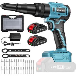 Seesii Cordless Rivet Gun, Brushless Rivet Nut Tool with 2x21V Batteries, Quick Change Nosepieces, Variable Speed, 30Pcs Rivets & Storage Box, Electric Blind Rivet Kit for 1/8", 5/32", 3/16" Rivets