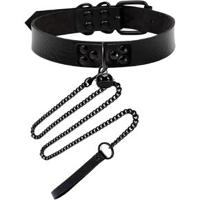 Black Bell Collar and Leash Set Soft PU Leather Choker Necklace with Hauling Chain Jewelry for Sexy Roleplay