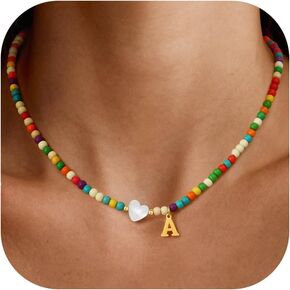 Gold Initial Necklace for Women - Handmade Bohemian Colorful Beaded Initial Stainless Steel 18K Plated Gold Choker Necklace with Heart Shells Letter A Pendant Necklace Jewelry Gifts