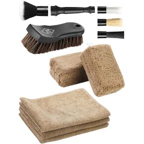 Fantasticlean 9PCS Car Interior Detailing Set, Microfiber Cloth & Applicator, Single-Head Detailing Brushes, Natural Bristles, Scratch-Free & Ultra-Soft for Seats Leather Care or Cleaning