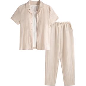 Verdusa Boy's 2 Piece Outfits Linen Set Casual Vacation Pant Sets Button Up Short Sleeve Shirt with Pants