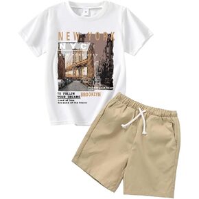 Toddler Boy Clothing-Landscape Graphic Print Short Sleeve & Drawstring Waist Shorts-Little Boys Summer Set（3-7T）