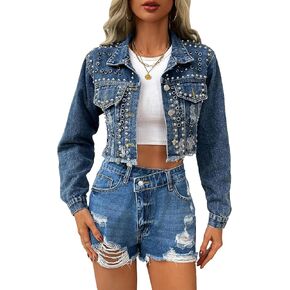 Women's Rivet Studded Denim Jacket Cropped Washed Pearl Short Jean Coat