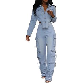 Women Sexy Distressed 2 Piece Denim outfit Casual Long Sleeve Crop Jacket and Straight Wide Leg Cargo Jeans Sets
