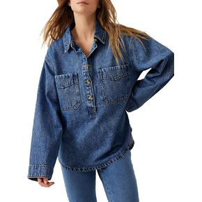 Tankaneo Womens Long Sleeve Denim Tops Casual V Neck Button Down Loose Fit Pullover Jean Shirts