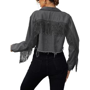 Zeagoo Women Denim Jacket Casual Long Sleeve Distressed Ripped Cropped Coat Fringe Jean Jacket XS-XXL