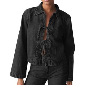 Woman Casual Open Front Denim Jacket Long Sleeves Tie Up Jeans Shirt Vintage Lapel Neck Lightweight Denim Coat
