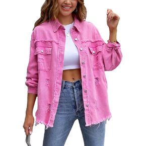 Womens Ripped Distressed Denim Jacket Tops Oversized Casual Long Sleeve Basic Jean Jacket Coats