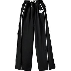 Verdusa Girl's Heart Print Contrast Seam Sweatpants Drawstring Waist Loose Casual Trousers