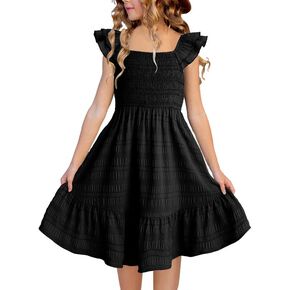 Girls Summer Dresses Cute Double Layer Ruffle Sleeve Smocked Flowy Dress 6-15 Years
