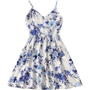 SOLY HUX Girl's Spaghetti Strap Dress Floral Print Sleeveless Summer Beach Casual Sundress A-line Mini Dresses