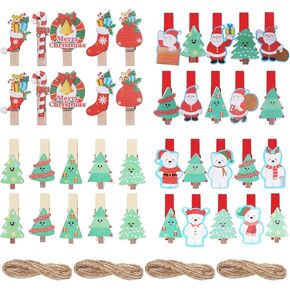 40pcs Christmas Wood Clips Xmas Tree Snowflake Santa Claus Gifts Snowman Stocking Hanging Clips + 4 Meter Jute Twine for DIY Hanging Photos Pegs Home School Decor Art Craft Party Favors
